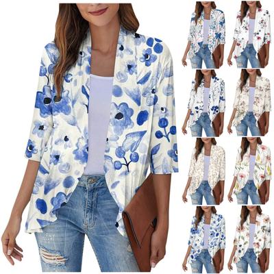 Manteau léger et fin pour femmes, Cardigan à volants imprimé à manches trois-quarts