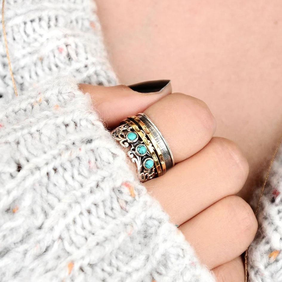 Hot-selling New Model, Bohemian Relief Two-color Ring, Hollow Retro Pattern Ring for Women