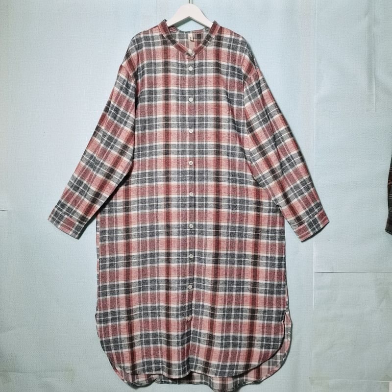 

Export Export Cut Mark Stand Collar Long Sleeves Open Heart Long Gingham Dress Women s Loose Casual Outerwear Long Shirt Spring & Fall Pink gray Gingham All yards