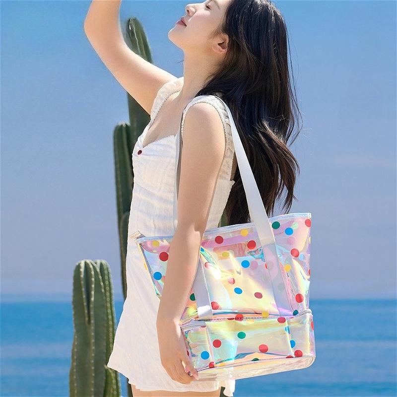 Holographic Transparent Beach Tote Bag Waterproof Large Capacity Travel Bag Dry Wet Separation Summer Swimming Shoulder Bag