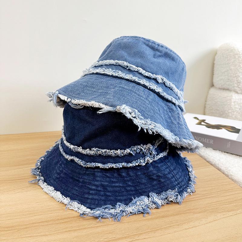 Hairy Beard Edge Denim Bucket Hat Women's Spring Summer New Solid Color Versatile Face Mask Basin Hat Street Sun Hat