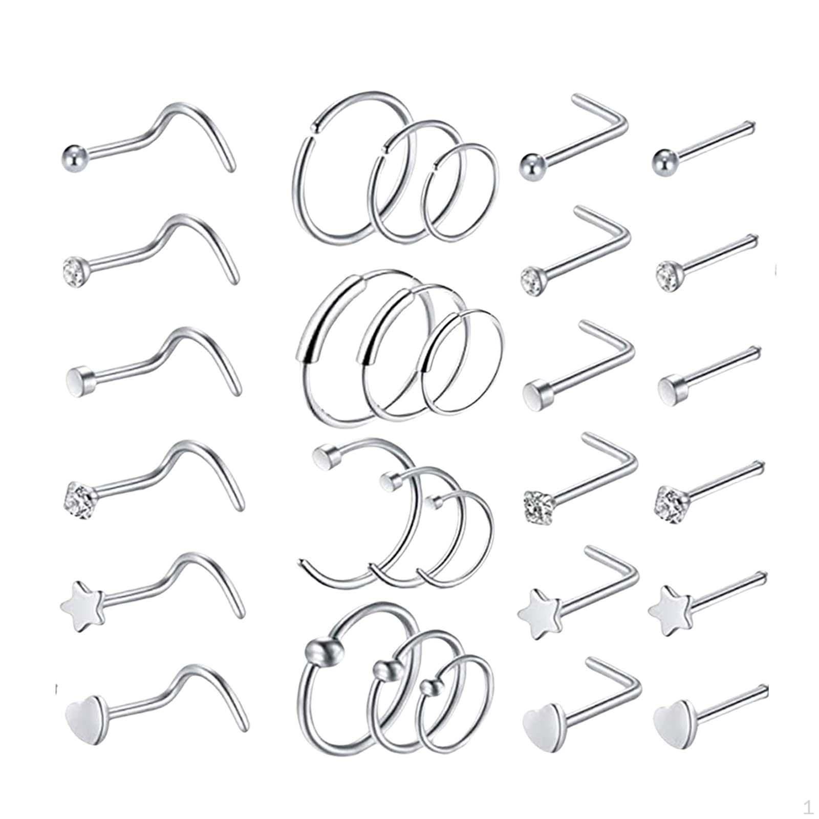 

30 Nose Rings Set 20 Womens Mens Diamond Screw Hoops Stainless Steel Jewelry Studs срібний