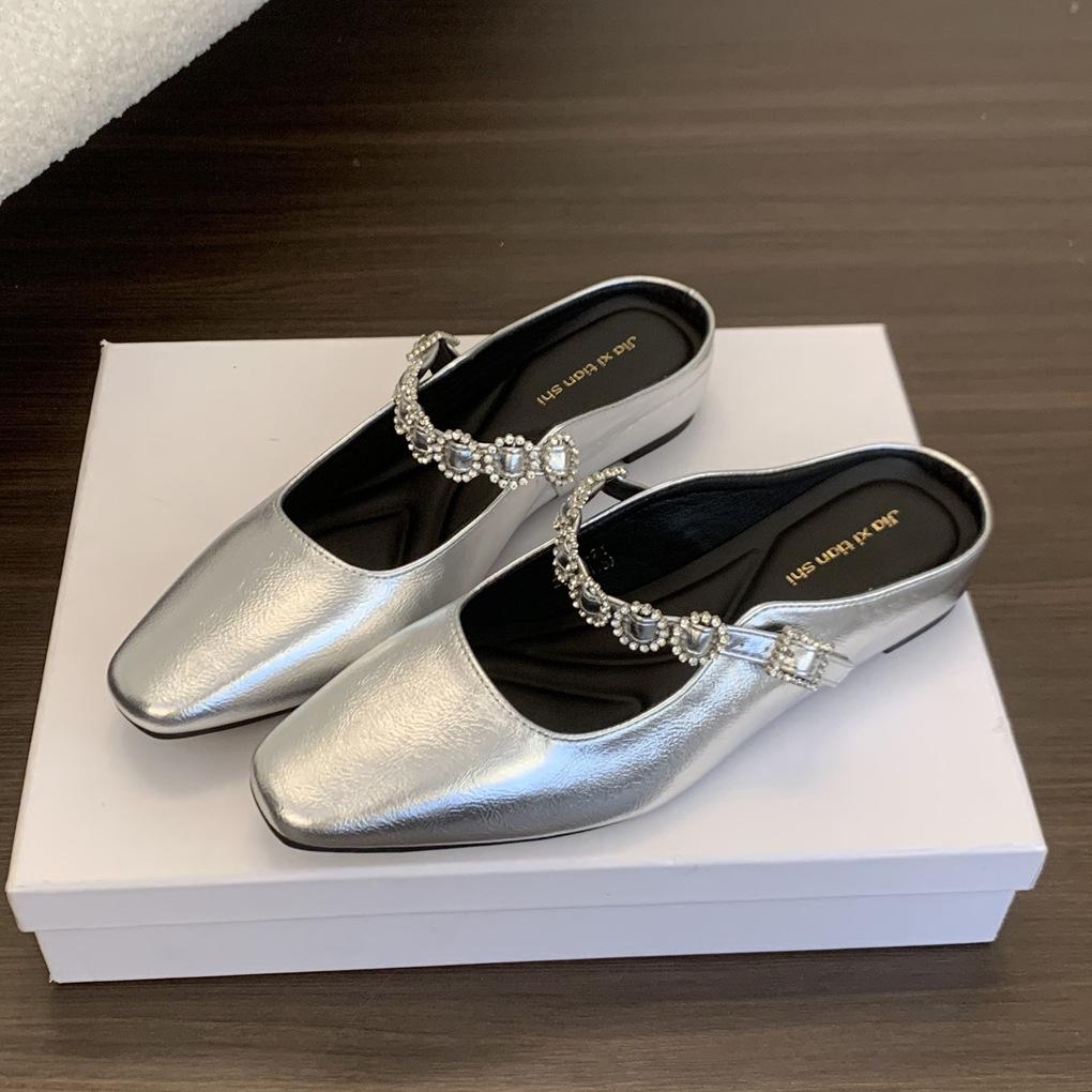 Inner height increase 3CM temperament silver bag head half slippers women wear spring and summer French evening fairy wind sandals