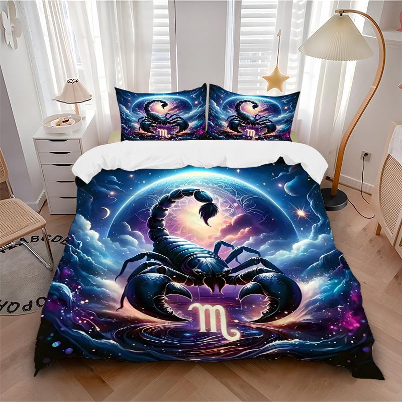 3pcs Scorpio Zodiac Sign Comforter Set with Two Pillowcases (No Core), Home Decor, Festival Gift, Polyester Fabric, Anime Cartoon Design