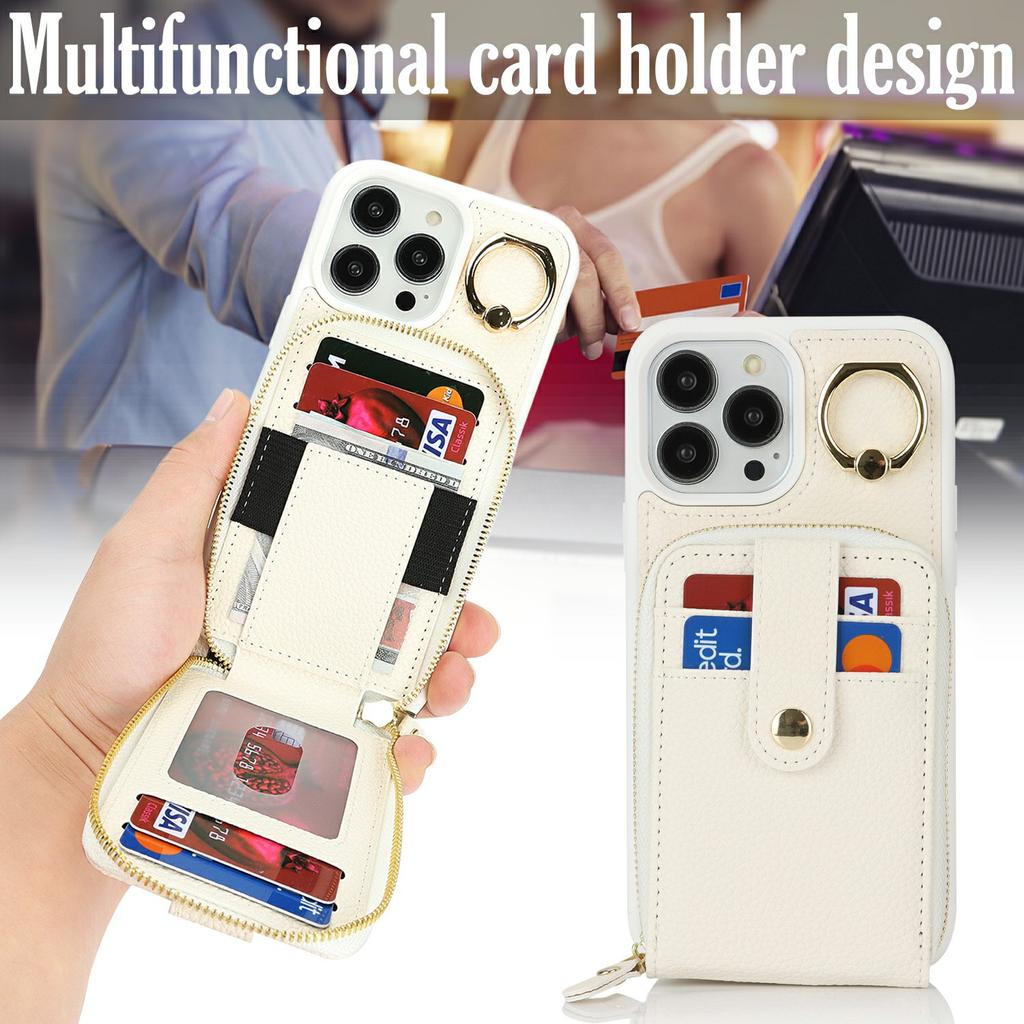 For iPhone 13 Pro Max/12 Pro Max Case with Zipper Pouch/Ring Kickstand/Strap Litchi Texture PU+TPU Phone Cover