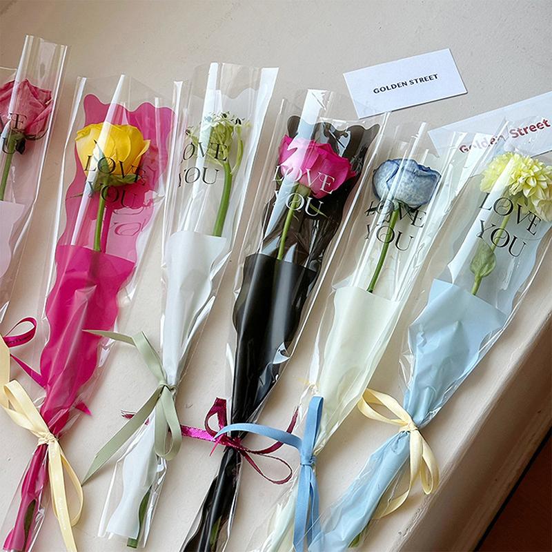 50PCS Iridescent Single Rose Sleeves DIY Transparent Flower Wrapping Bag Floral Material Packaging Waterproof