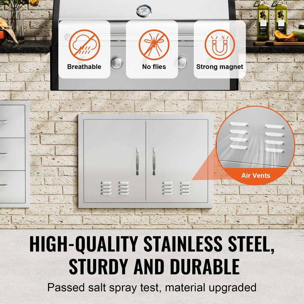 BBQ Access Door, 762x533 Mm Double Outdoor Kitchen Door, Stainless Steel Flush Mount Door, Wall Vertical Door with Handles and Vents, for BBQ Island,
