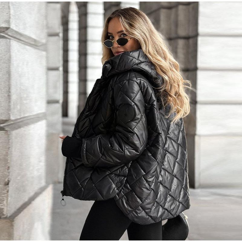 Autumn and Winter New Fashion Trend Diamond-shaped Pressure Grid Loose Hooded Cotton-padded Warm Jacket