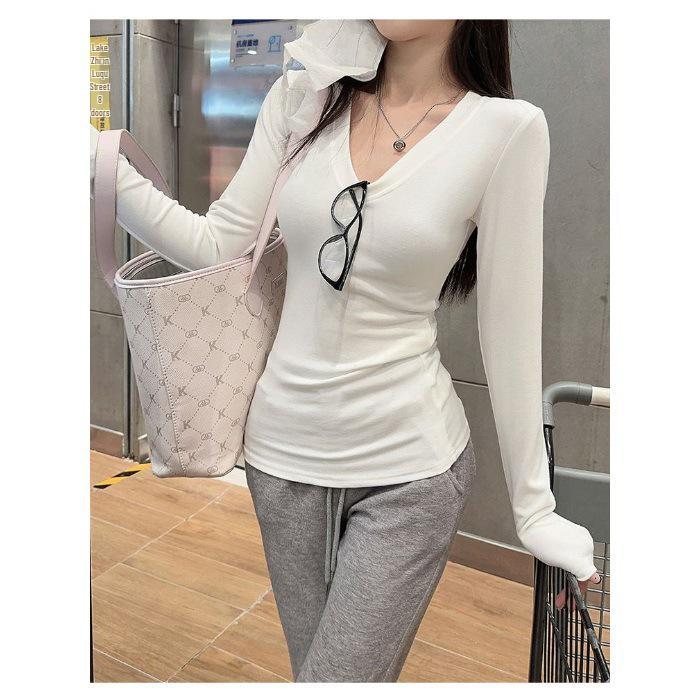 

Женский французский высококлассный топ с V-образным вырезом, приталенный, с длинным рукавом, базовый слой для осени S белый