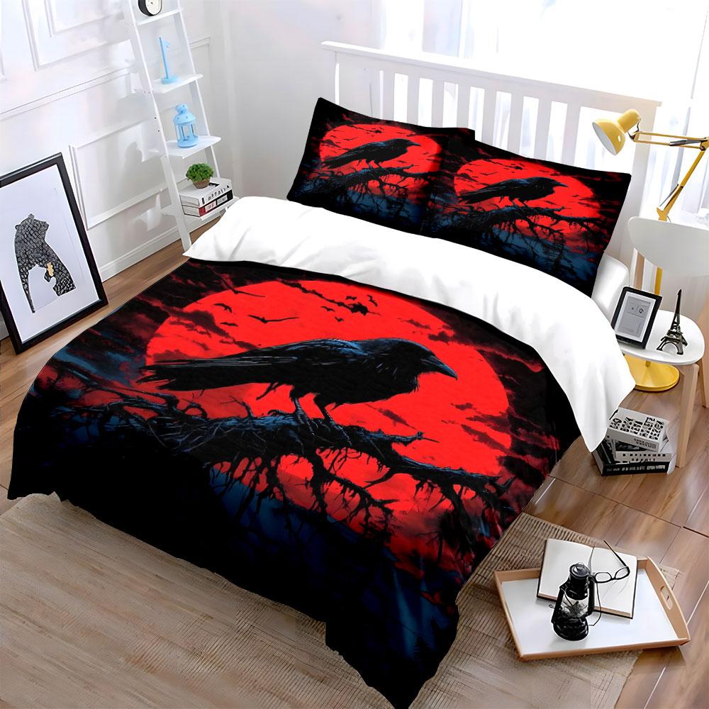 Raven and Red Moon Night Scene Bedding Duvet Cover Set (1*Duvet Cover 2*Pillowcases, Without Duvet Insert)
