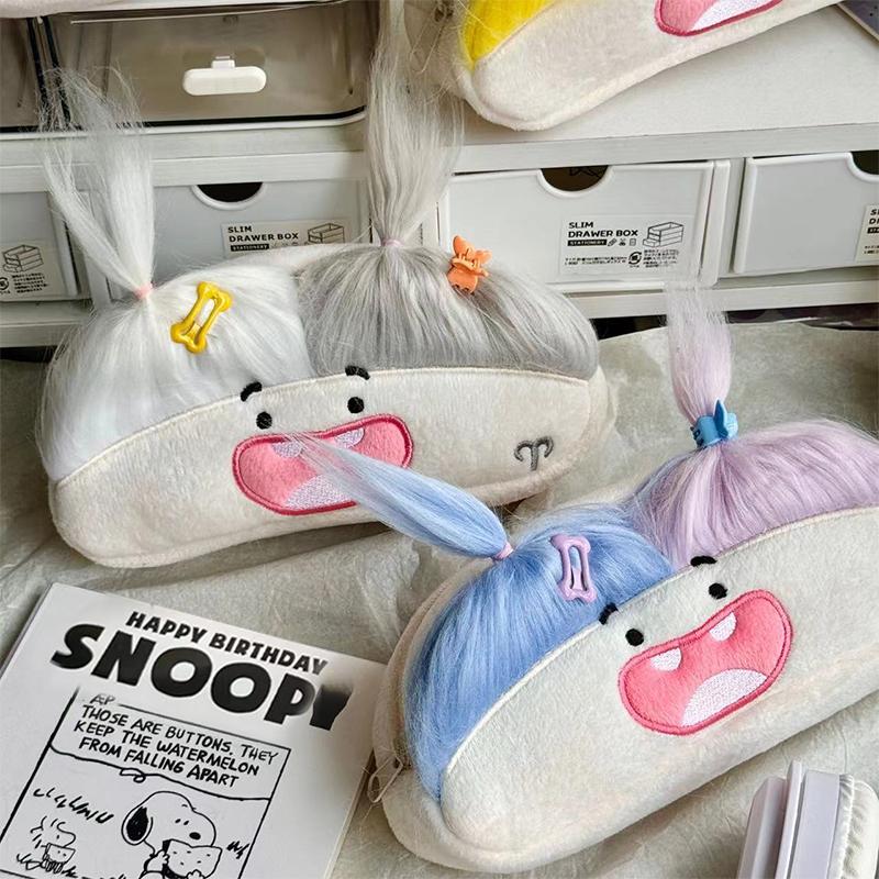 Diy Fluffy Hair Big Capacity Plush Pencil Bag Creative Cartoon Big Mouth Girl Pens Storage Case Portable School Stationery Gift