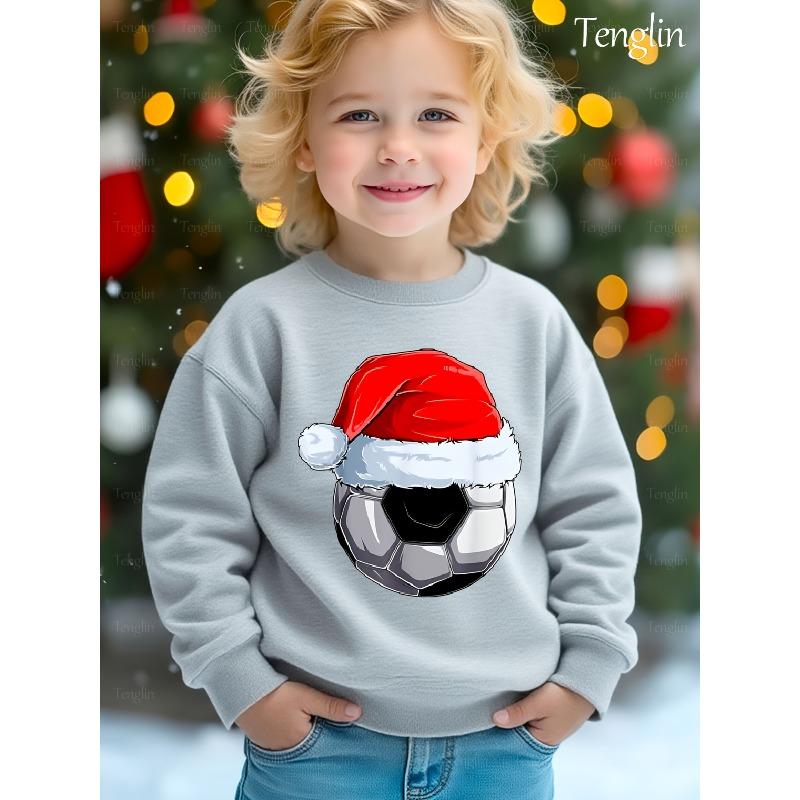 Kids Sweatshirt [Christmas] Football Christmas Hat Print Fleece Warm Through Sweater Fashion Print Pattern Kids' Wear Casual Long Sleeve