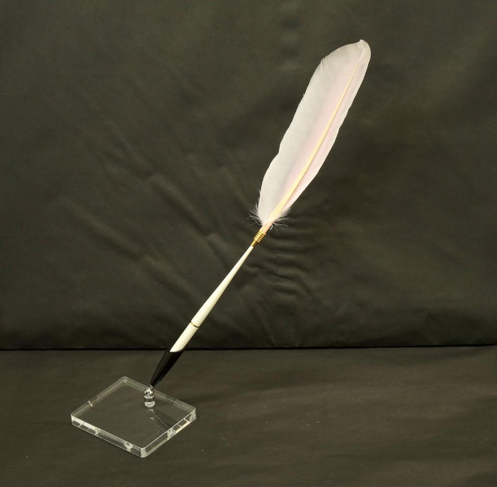2 set pack Japanese processed goose feather plastic shaft banker pen transparent acrylic pen stand with black pen holder pink feather + Q-S5P1WG-2-P