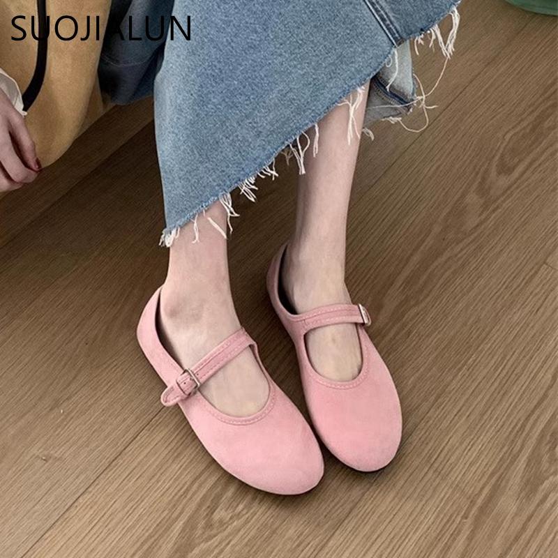 Fashion SUOJIALUN Spring New Brand Women Flat Shoes Fashion Round Toe Ladies Elegant Mary Jane Shoes Soft Flat Heel Dress Single Shoes