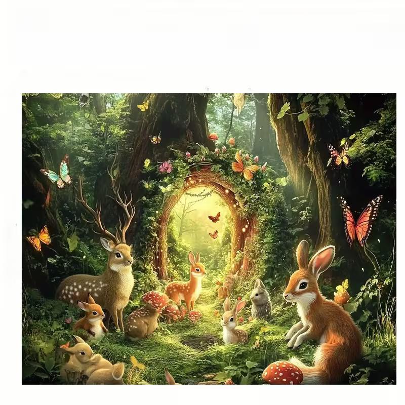 Tapiz de Bosque Encantado de Ensueño, Bosque Mágico Iluminado por el Sol con Familia de Ciervos, Conejos y Mariposas, Arte de Pared de Cuento de Hadas Caprichoso