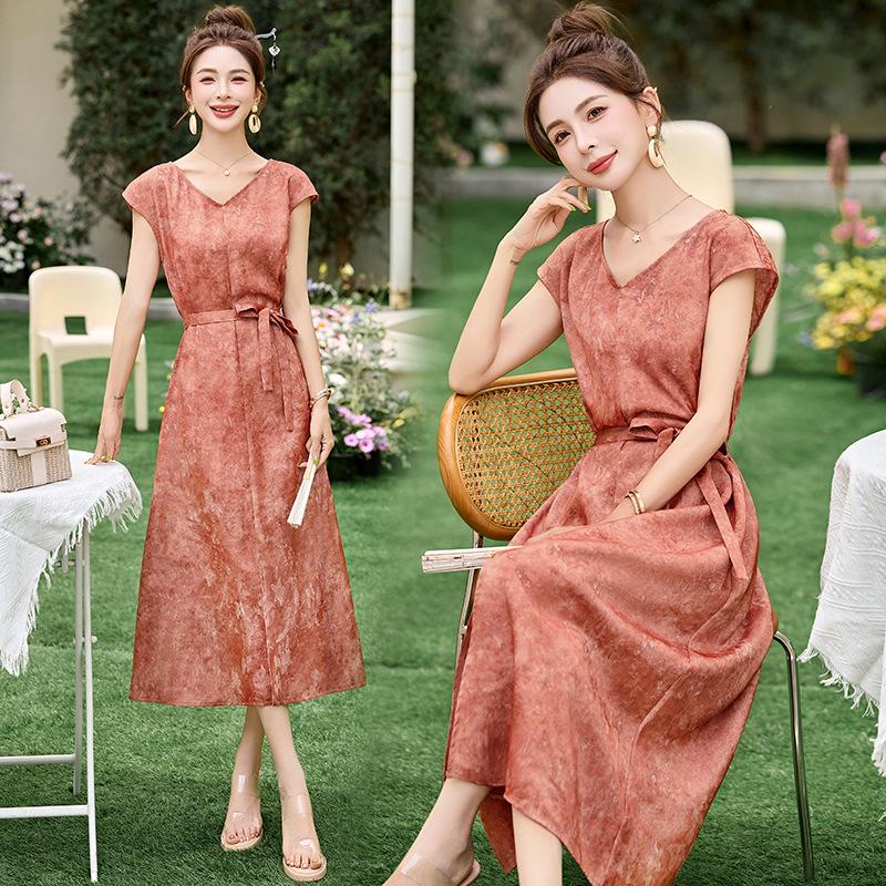 

Летнее женское платье из шелкового жаккарда с цветочным узором, приталенное, средней длины, с поясом-завязкой, 2025 M (90-105 lbs) закат/красный