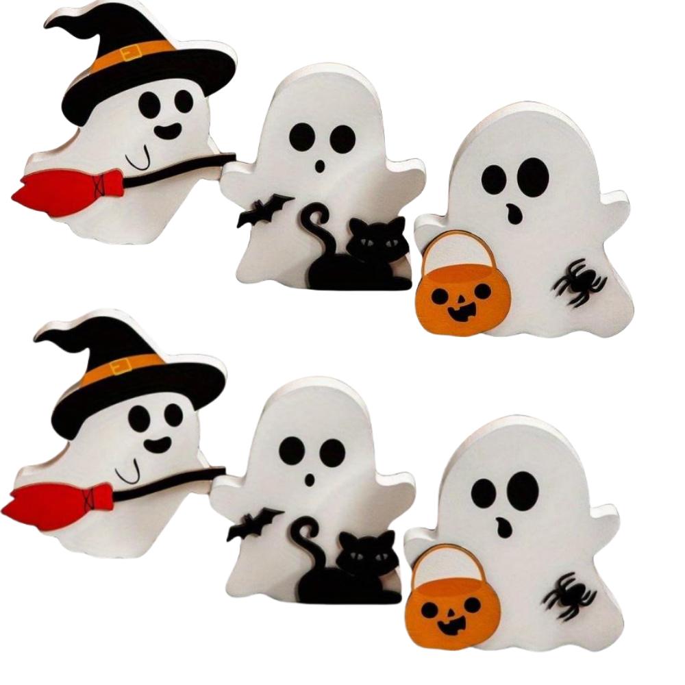 3pcs Cute Ghosts Halloween Indoor Decoration Set PVC Layered Tray Decoration Table Sign Pumpkin Pie For Party Home Shelf Display