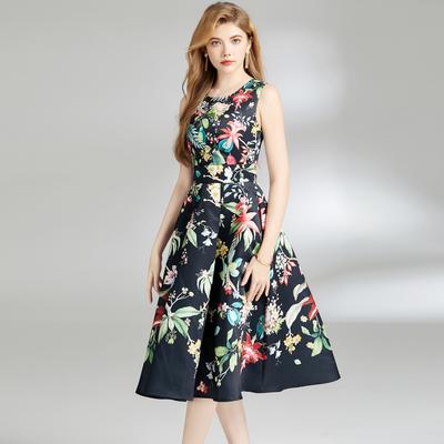 Summer Hawaiian Vacation Fashion Floral Print Vest Dress for Women Retro O-neck Sleeveless Slim Folds Midi-length Tank Dress