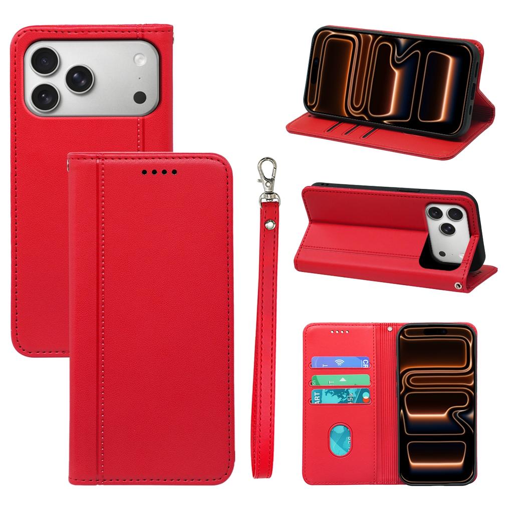 For iPhone 17 Pro Wallet Case Magnetic Closing PU Leather Phone Cover with Wrist Strap