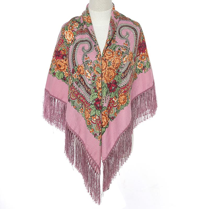Square Shawl Flower Scarf For Women'S Large-Sized Hijab Retro Printed Tassels Warp Warm Autumn And Winter Cape Bufandas Poncho