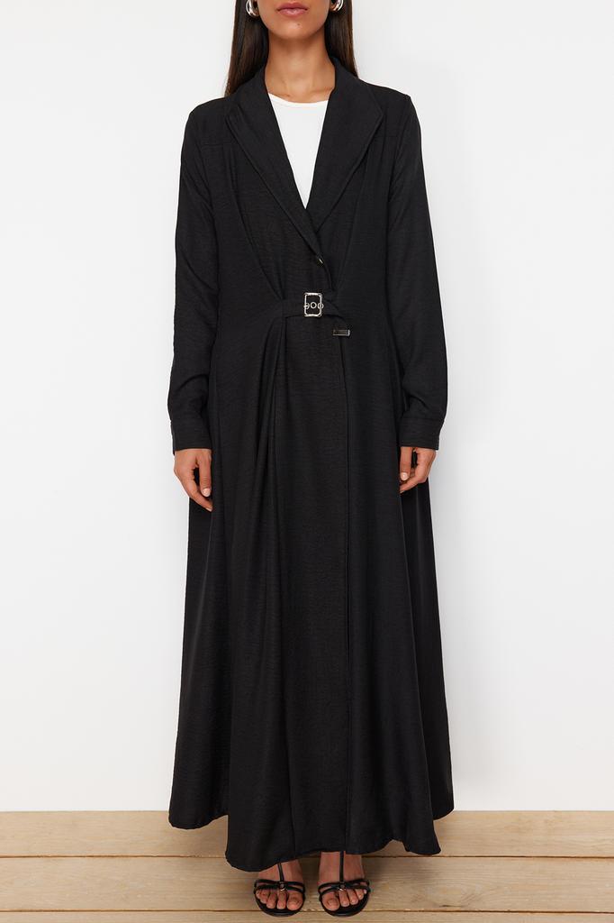 Women's Fashion New Hijab Dress Black Linen Look Woven Dress with Belt Detail on the Front