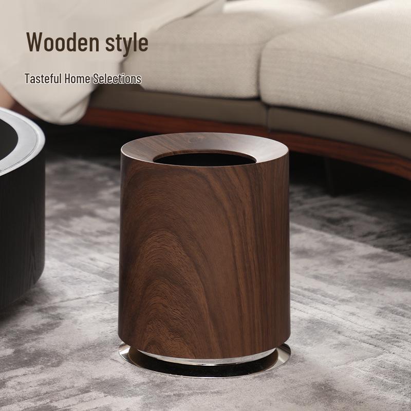 Mid-Century Walnut Wood Grain Trash Can: Large Capacity, Light Luxury Waste Basket for Home or Commercial Use