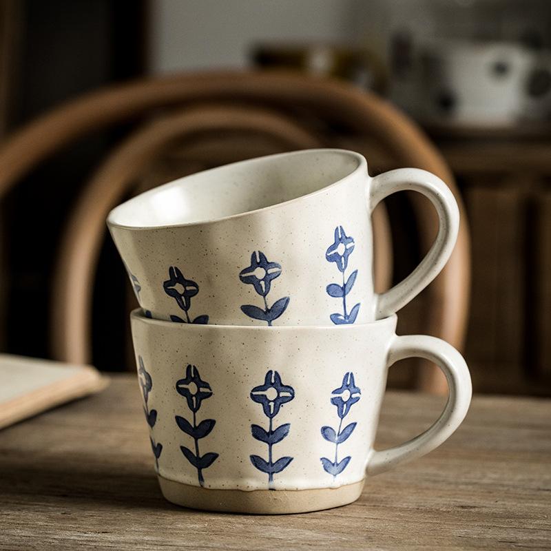 Literary Sense Hand-Painted Small Flower Coarse Pottery Cup Ceramic Coffee Cup Office Drinking Cup Export