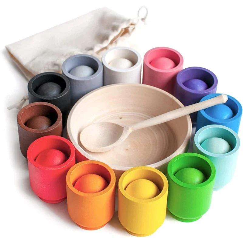 Non-Toxic Baby Montessori Wooden Toy Rainbow Ball Matching Game Toy Color Cognitive Matching Early Education Learning Toys For Children