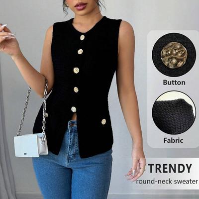 Women's Vest Solid Color Round Neck Button Knitted Vest Slim Sleeveless Cardigan Vest Top