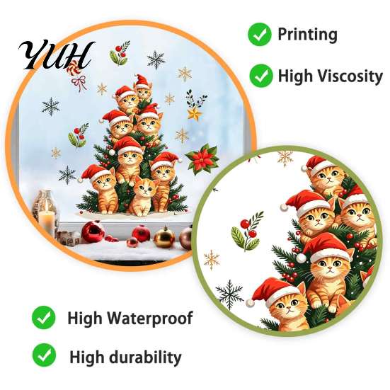 Glass Door Decorations Christmas Static Window Clings, Orange Cat Tree Stickers, Santa Hat Kitten Stickers Xmas Decals, Reusable Festive Holiday Decor