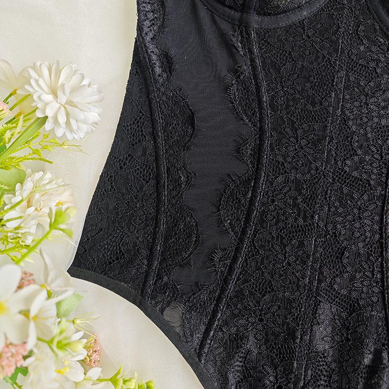 European & American Multi-Color Lace Patchwork Sexy Bodysuit - Slim Fit See-Through Suspender