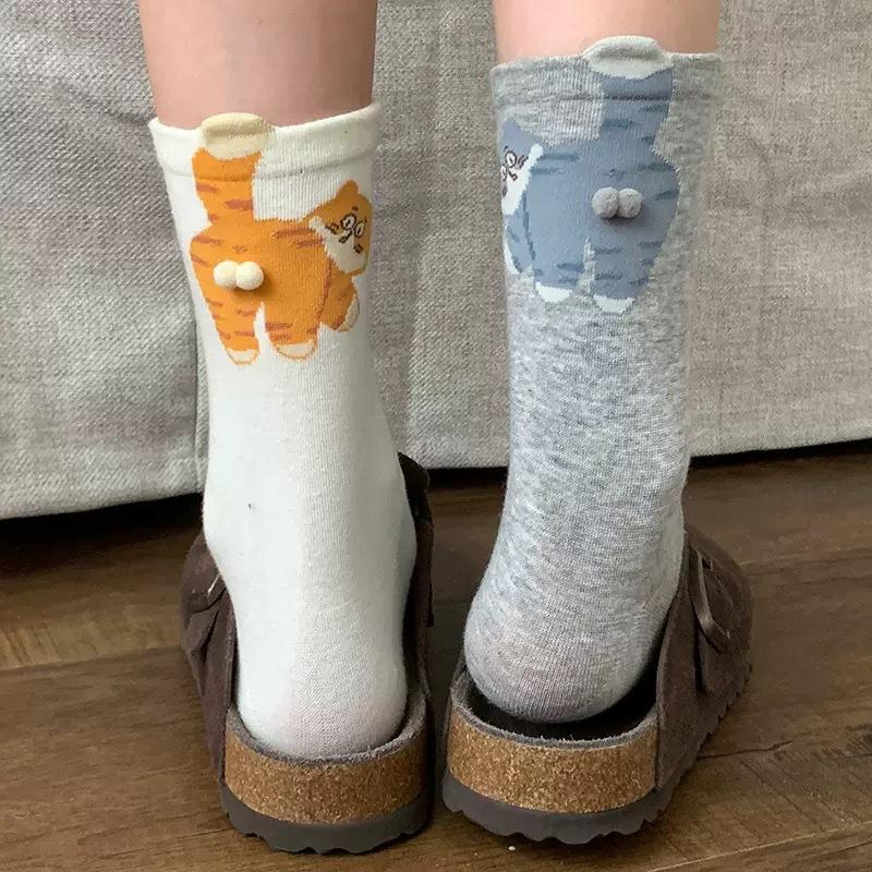 1 Paio Calzini da Donna con Motivo Gatto, Simpatici Calzini Animali a Metà Polpaccio per Primavera e Autunno, Calzini alla Moda Ins
