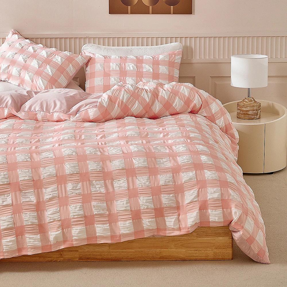 

Duvet Cover Bedding Set Twin Full Queen King Size 135x200 Nordic Quilt Cover 240x220 Double Single Grid Puff Bed Linen 200x200 EU Single 135x200 cm рожевий