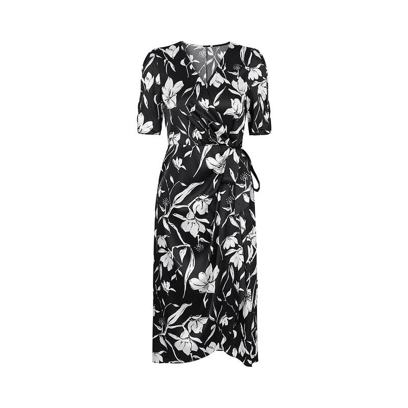 JZ AnnaCo Elegant Floral Printed V-Neck Silk Wrap Midi Dress