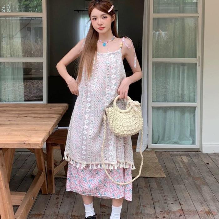

French retro fringed splicing sweet dress children s summer new thin temperament suspender sleeveless medium and long dress 2XL