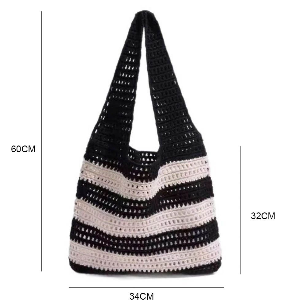 Fashion Hollow Out Stripe Crocheted Tote Bag Woven Fabric Bohemian Style Beach Tote Bag Handmade Summer Vacation Bag For Women