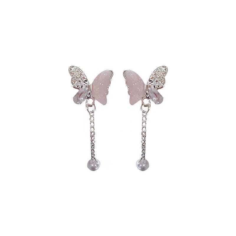 Pink Butterfly Tassel Pearl Stud Earrings Set for Women - High-End Luxury Jewelry