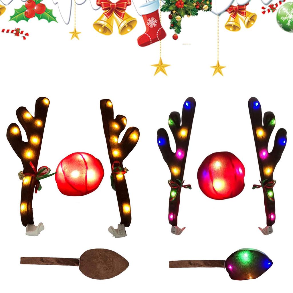 LED Leuchtendes Geweih Autodekoration Weihnachten Rentiergeweih Mit Roter Nase Schwanz Für Automobil SUV Außenfenster Dach