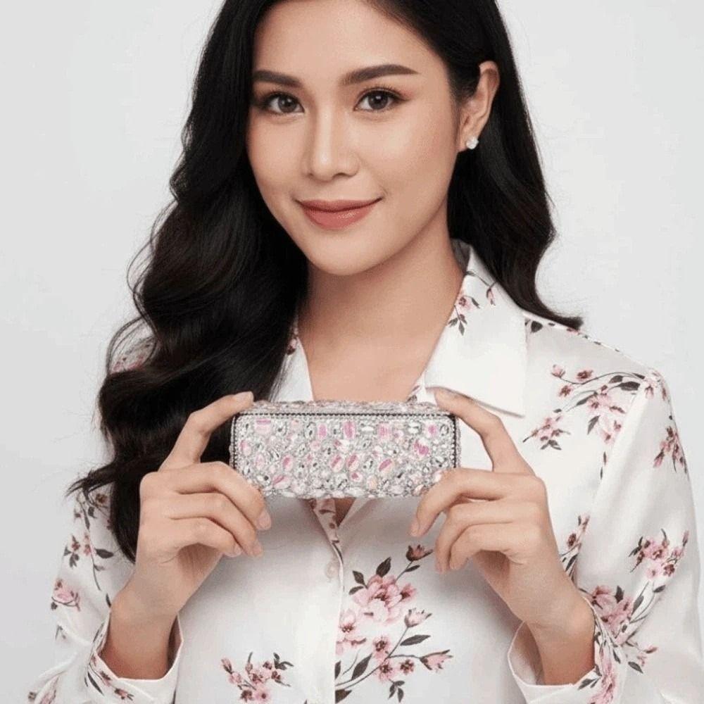 Portable Rhinestone-inlay Glasses Case Leather Magnetic Eyewears Storage Box Anti-splash Water Dust-proof