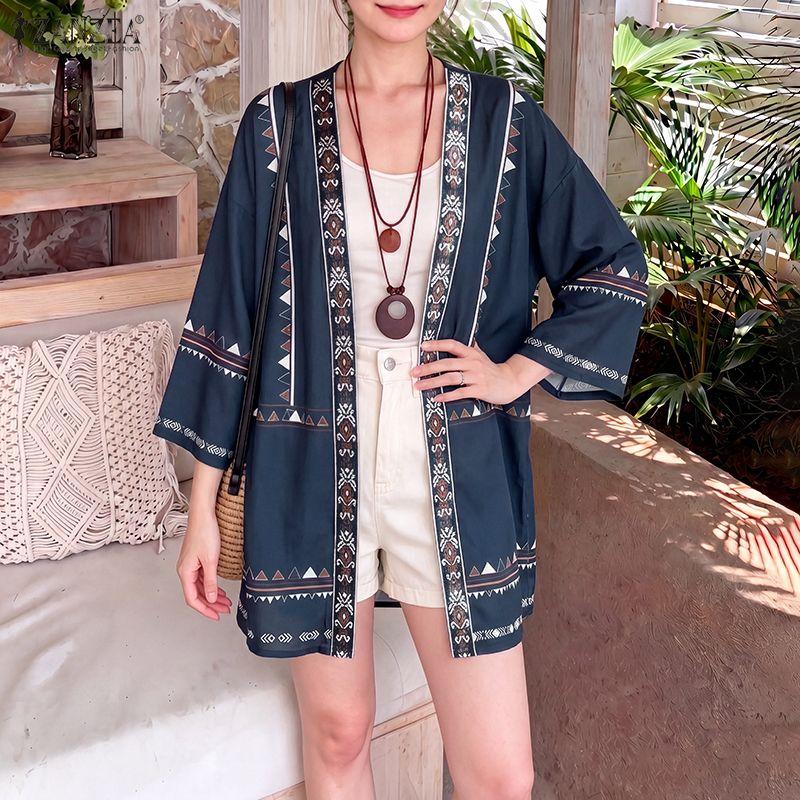 ZANZEA Womens Casual Open Front V-Neck 3/4 Sleeve Beach Cover Up Cardigan Blouse