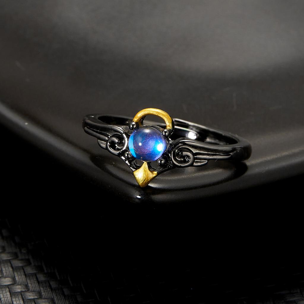 Angel and Demon Wings Couple Ring For Women Rose Gold Colour Black Fashion Moonstone Adjustable Opening Men's Ring Party Jewelry