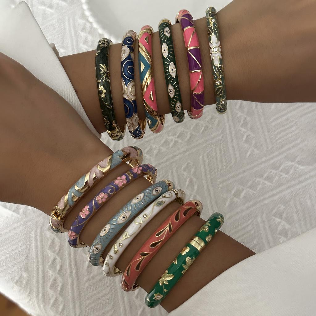 Colorful Metal Enamel Flower Bracelet For Women Ethnic Style Inlaid Zircon Floral Leaves Pattern Bangle Party Wedding Jewelry