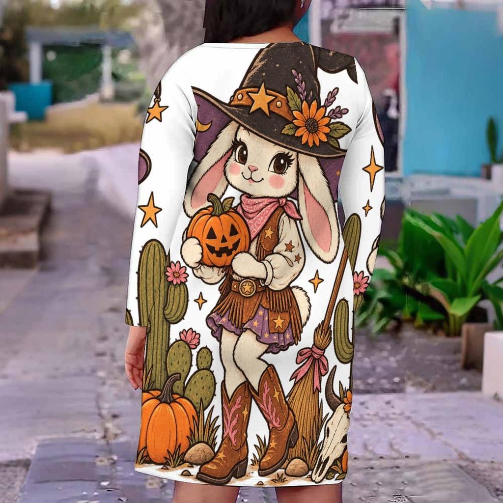 Women Plus Size V Neck Long Sleeve Halloween Ghost Pumpkin Printed White Fitted Straight Dress