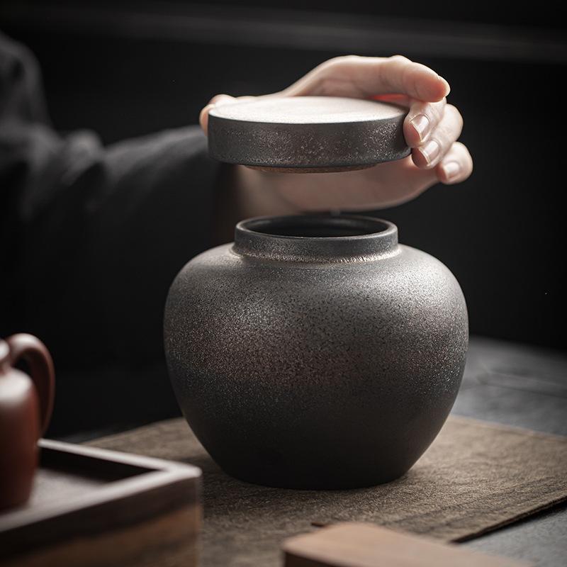 Chinese Vintage Ceramic Tea Caddy Golden Candy Jar Sealed Home Coffee Beans Nut Medicinal Herb Storage Bottle Kitchen Container