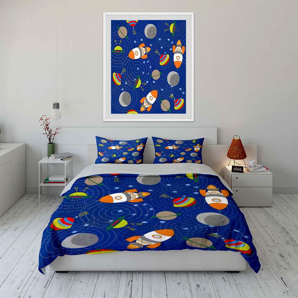 Space Rocket and Planet Pattern Bedding Duvet Cover Set (1*Duvet Cover 2*Pillowcases, Without Duvet Insert)