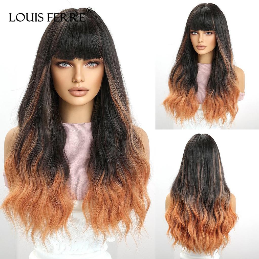 ALAN EATON Ombre Schwarz Braun Lange Wellen Haar Perücken mit Pony Für Schwarze Frauen Hitzebeständige Faser Synthetische Perücken Cosplay Party