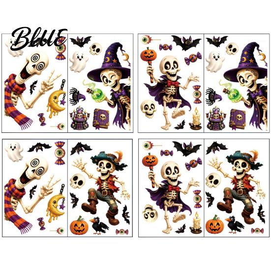 Non-adhesive Halloween Stickers 2 Sheets Window Clings Cartoon Skeleton Static Stickers Funny PVC Electrostatic Ghosts Bats Pumpkins for Glass Doors