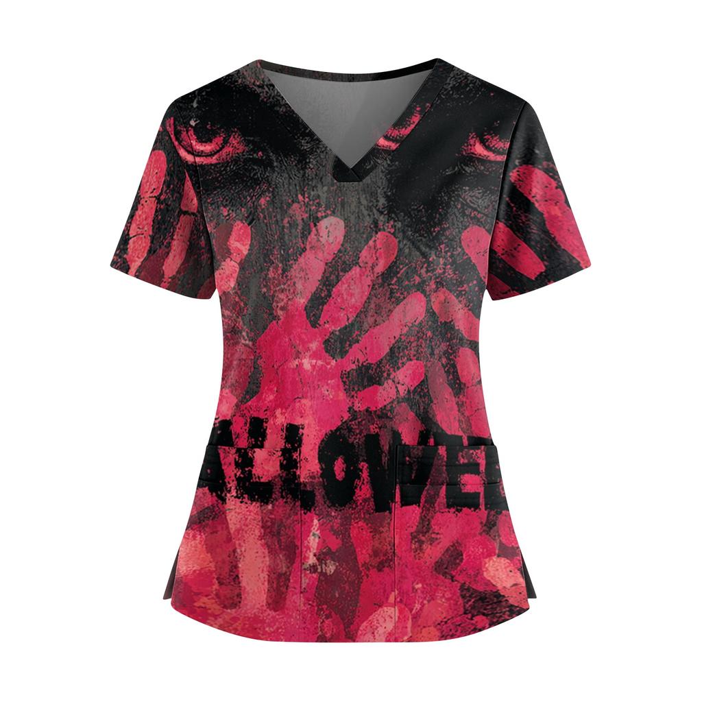Halloween Print V Neck Short Sleeve Nurse Top with Double Pockets and Side Slits Medical Scrub Shirt for Healthcare Workers