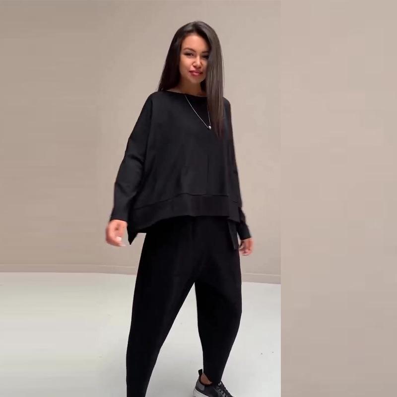 2024 European & American Casual Solid Color Two-Piece Set: Versatile Top and Long Pants for Women