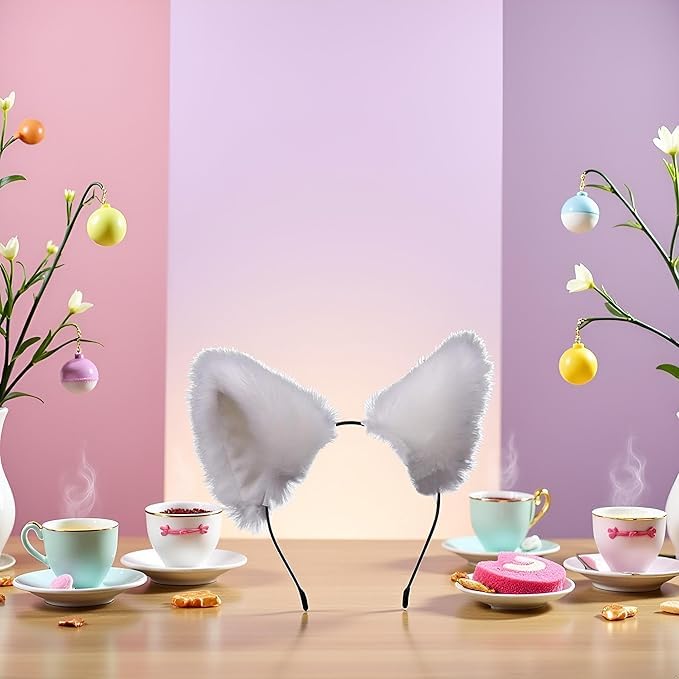 Qintreesify Süßes Katzenohren-Stirnband mit langem Fell und Fuchsohren, Cosplay-Stirnband mit Glöckchen, Kopfschmuck für Party-Kostüme, Halloween-Haarreif, Weiß